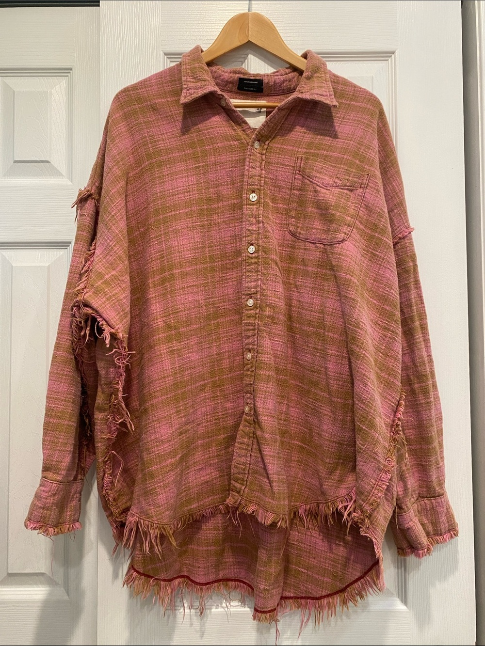 R13 Pink & Olive Distressed Plaid Button-Down Shirt